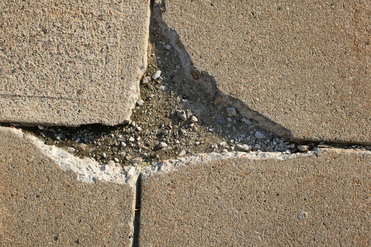 Cracked and lifted sidewalk slab, the kind that gets a notice from the city